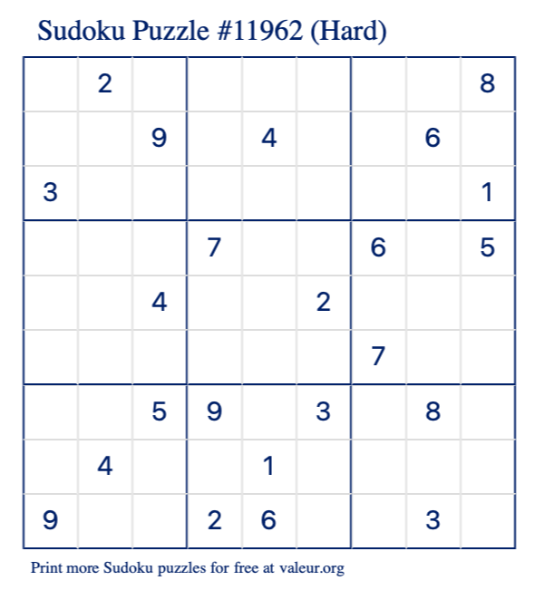 Free Printable Hard Sudoku Puzzle number 11962