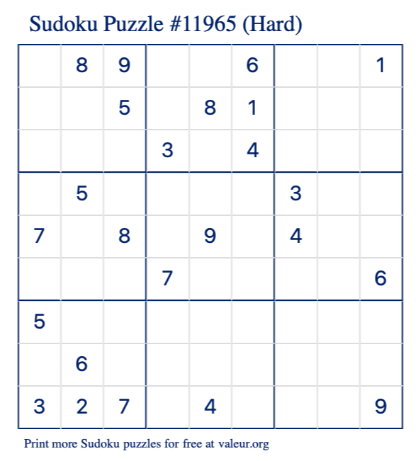 Free Printable Hard Sudoku Puzzle number 11965