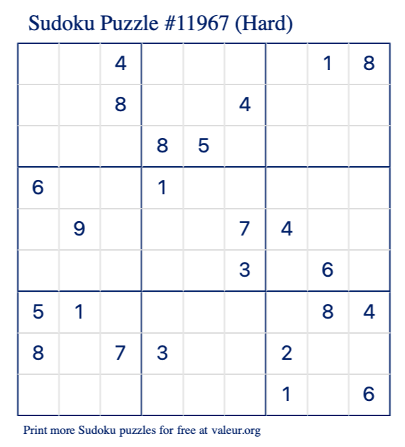 Free Printable Hard Sudoku Puzzle number 11967