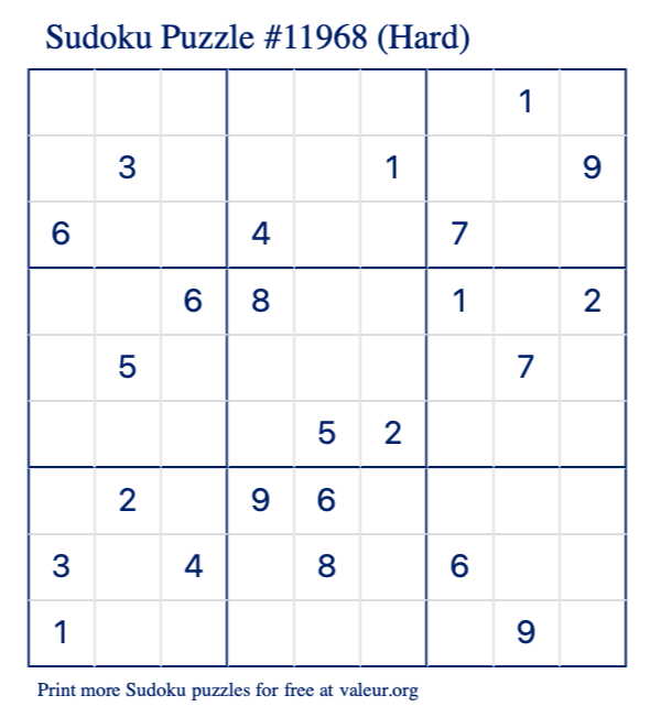 Free Printable Hard Sudoku Puzzle number 11968