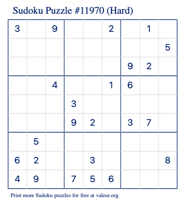 Free Printable Hard Sudoku Puzzle number 11970