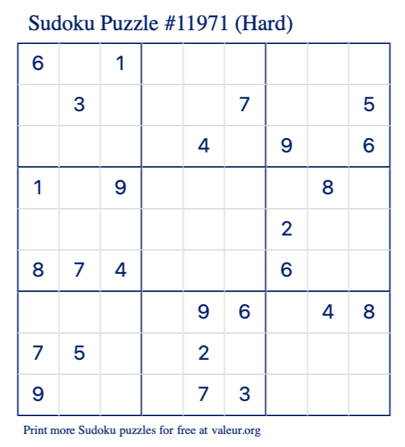 Free Printable Hard Sudoku Puzzle number 11971