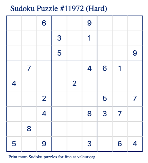 Free Printable Hard Sudoku Puzzle number 11972