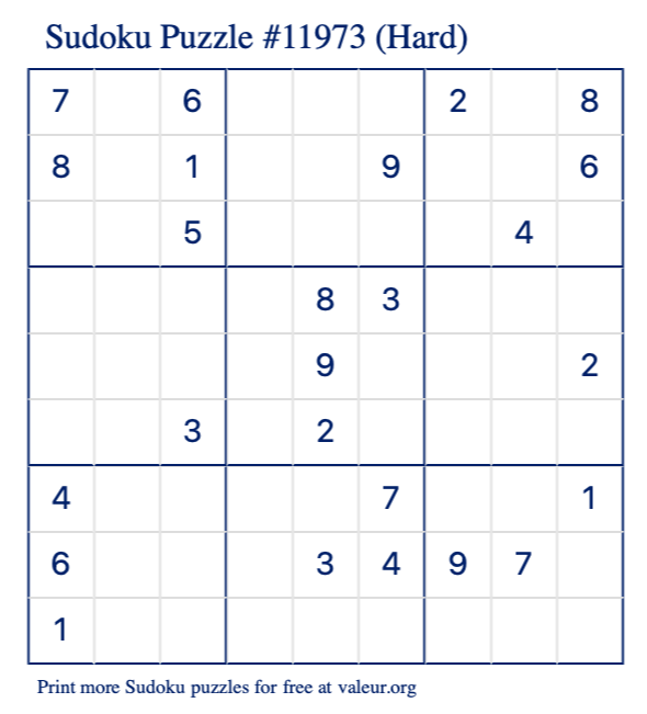 Free Printable Hard Sudoku Puzzle number 11973