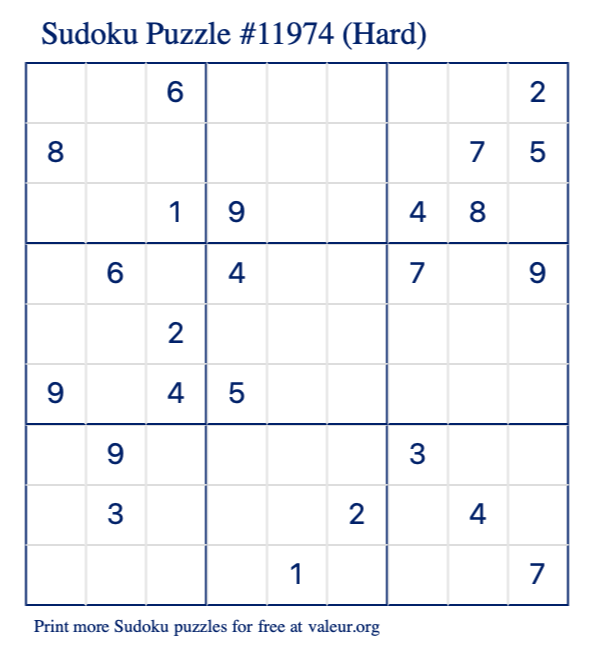 Free Printable Hard Sudoku Puzzle number 11974