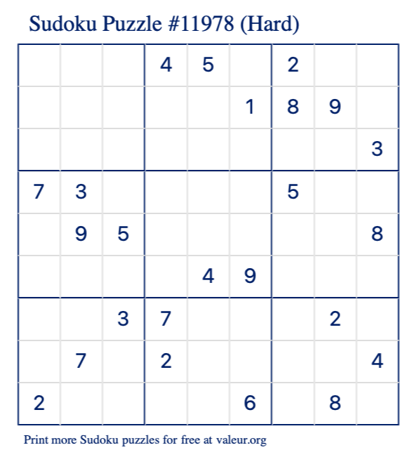 Free Printable Hard Sudoku Puzzle number 11978