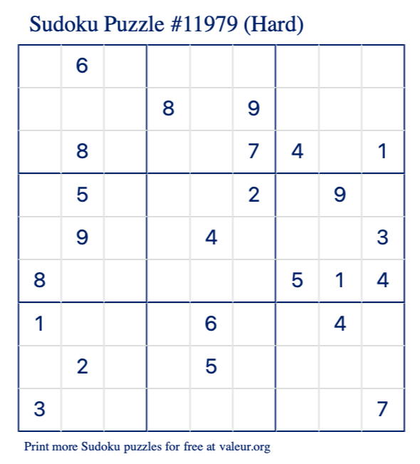 Free Printable Hard Sudoku Puzzle number 11979
