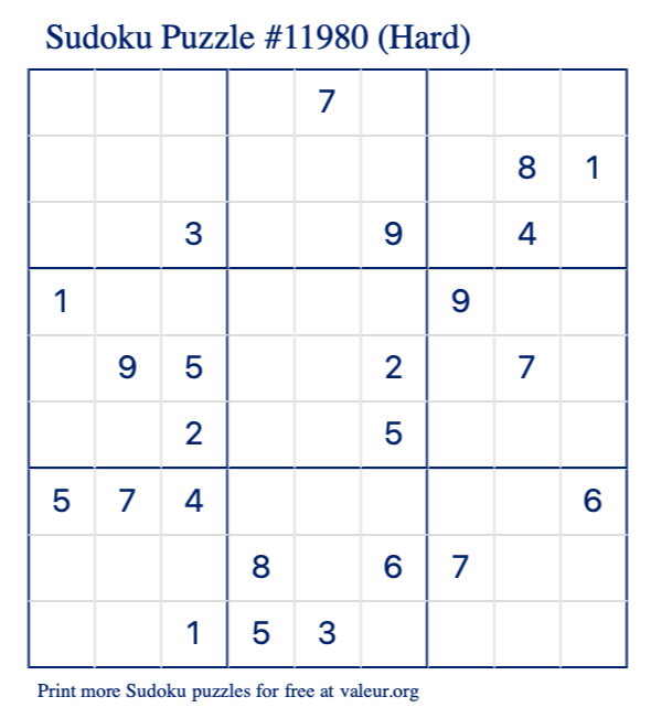 Free Printable Hard Sudoku Puzzle number 11980