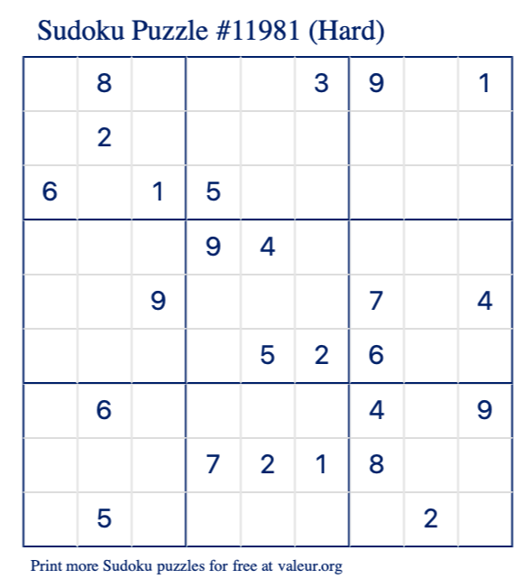 Free Printable Hard Sudoku Puzzle number 11981
