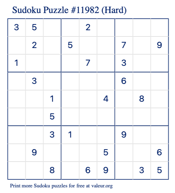 Free Printable Hard Sudoku Puzzle number 11982