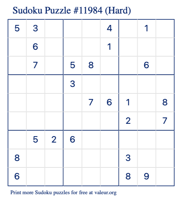 Free Printable Hard Sudoku Puzzle number 11984