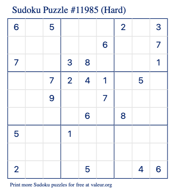 Free Printable Hard Sudoku Puzzle number 11985