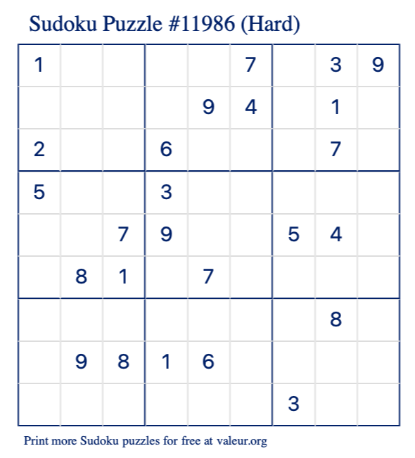 Free Printable Hard Sudoku Puzzle number 11986