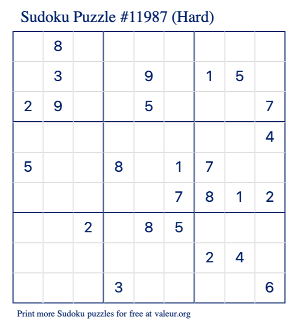 Free Printable Hard Sudoku Puzzle number 11987