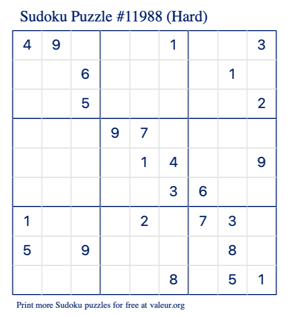 Free Printable Hard Sudoku Puzzle number 11988