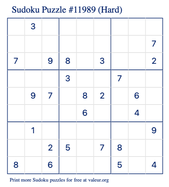 Free Printable Hard Sudoku Puzzle number 11989