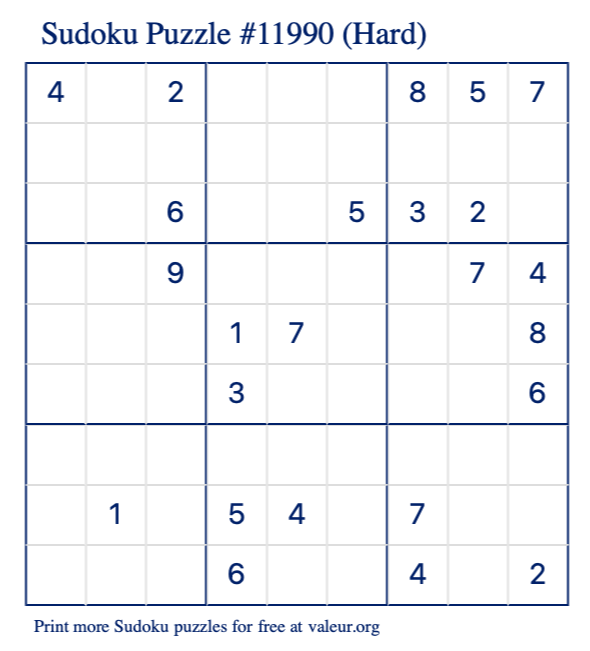 Free Printable Hard Sudoku Puzzle number 11990