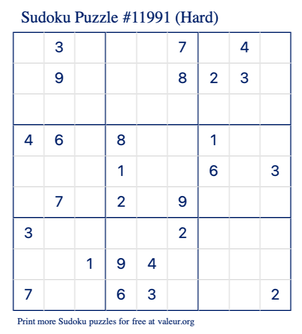 Free Printable Hard Sudoku Puzzle number 11991
