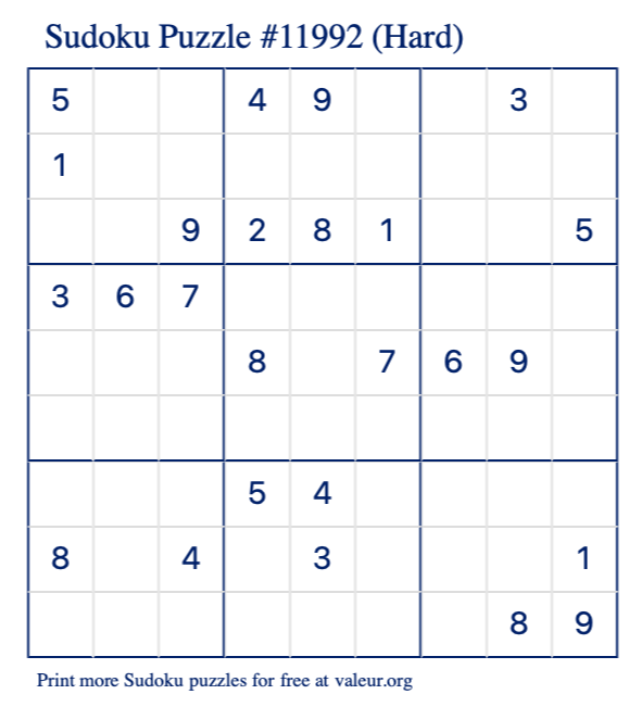 Free Printable Hard Sudoku Puzzle number 11992