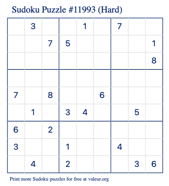 Free Printable Hard Sudoku Puzzle number 11993
