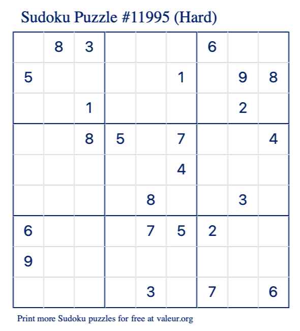 Free Printable Hard Sudoku Puzzle number 11995