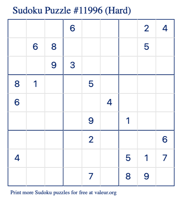 Free Printable Hard Sudoku Puzzle number 11996