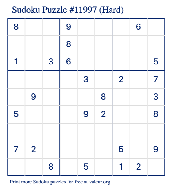 Free Printable Hard Sudoku Puzzle number 11997