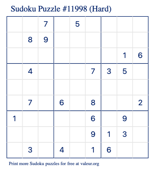 Free Printable Hard Sudoku Puzzle number 11998