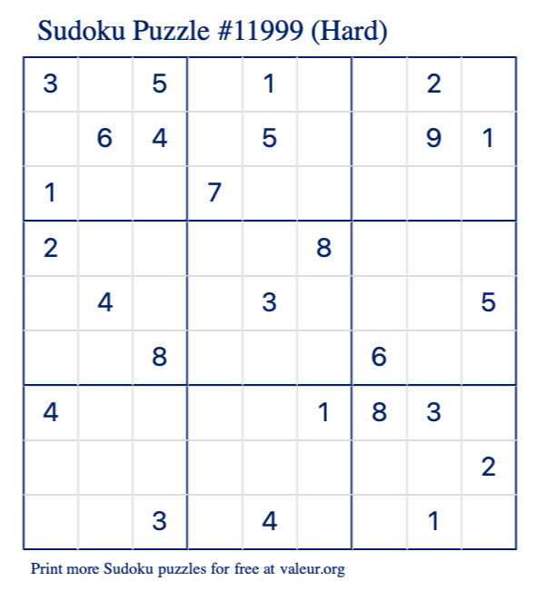Free Printable Hard Sudoku Puzzle number 11999