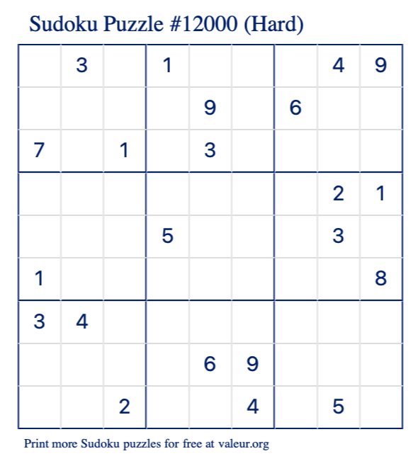 Free Printable Hard Sudoku Puzzle number 12000