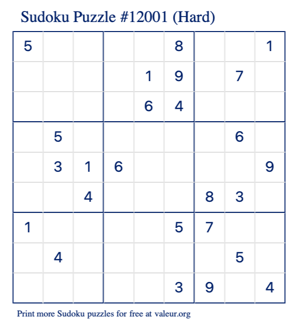 Free Printable Hard Sudoku Puzzle number 12001