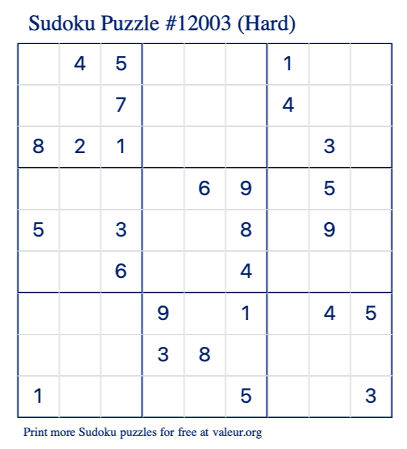 Free Printable Hard Sudoku Puzzle number 12003