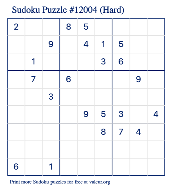 Free Printable Hard Sudoku Puzzle number 12004