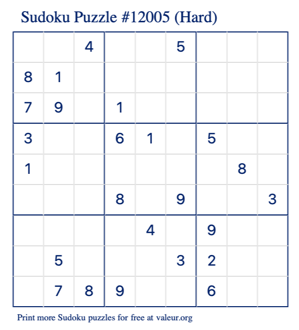 Free Printable Hard Sudoku Puzzle number 12005