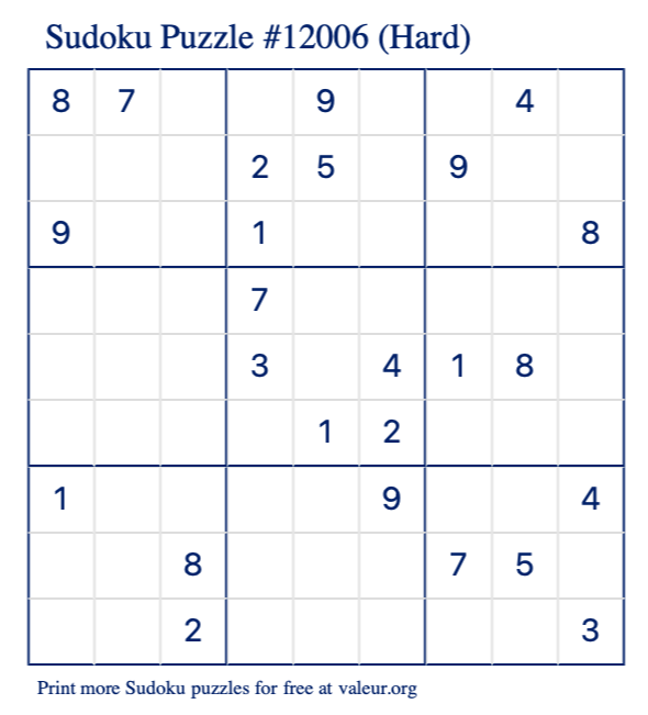 Free Printable Hard Sudoku Puzzle number 12006