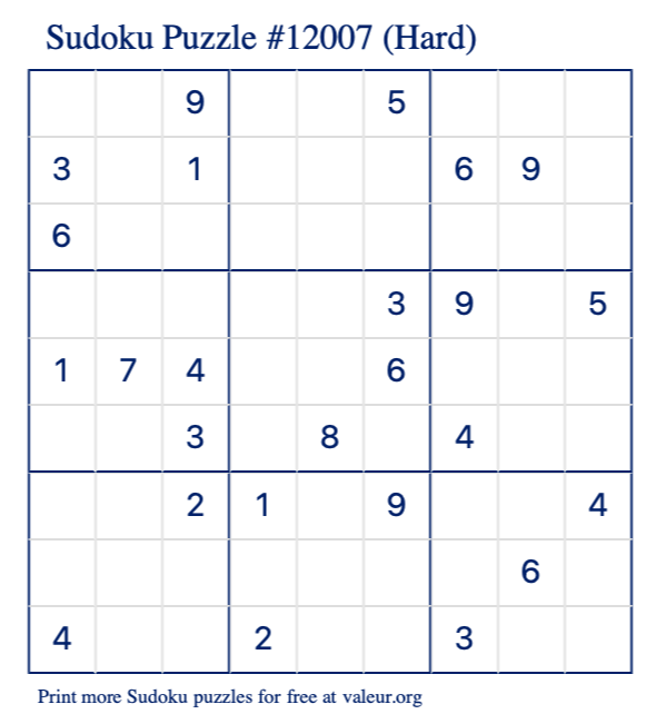 Free Printable Hard Sudoku Puzzle number 12007