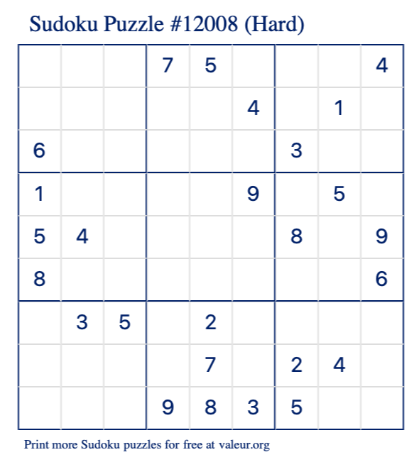 Free Printable Hard Sudoku Puzzle number 12008