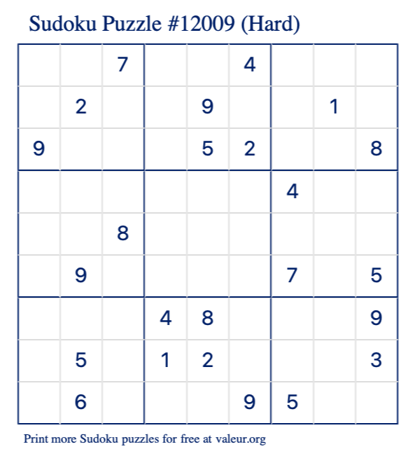 Free Printable Hard Sudoku Puzzle number 12009