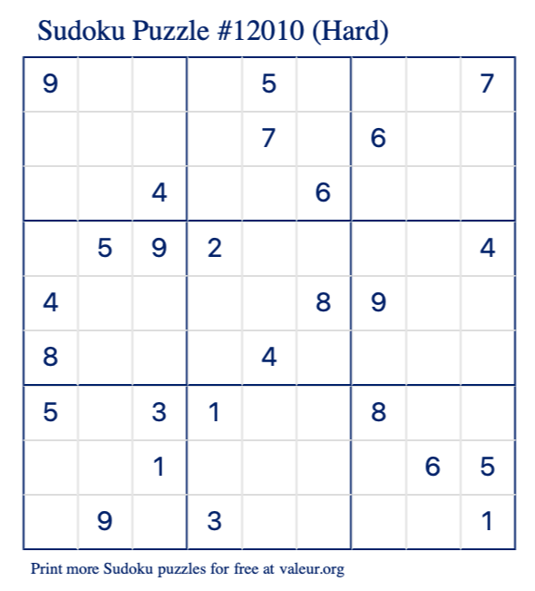 Free Printable Hard Sudoku Puzzle number 12010