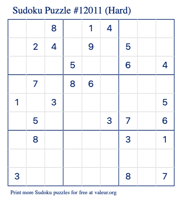 Free Printable Hard Sudoku Puzzle number 12011