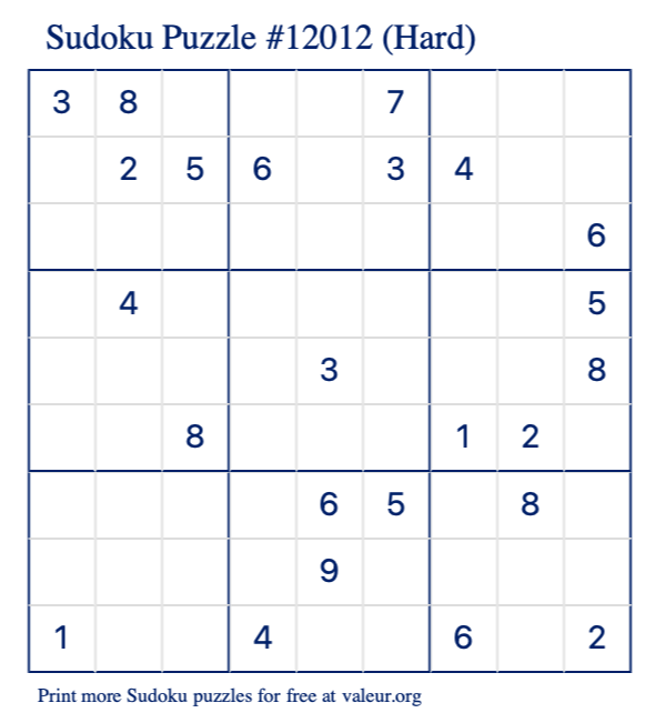 Free Printable Hard Sudoku Puzzle number 12012