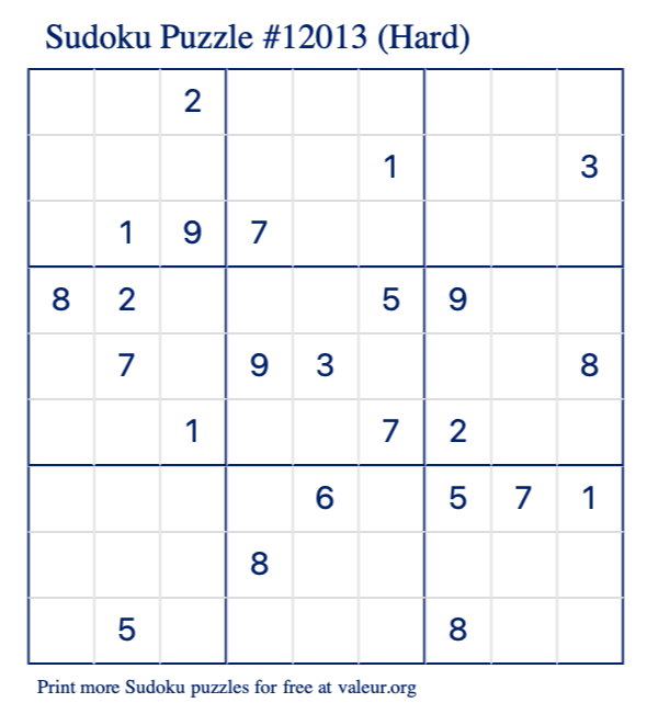 Free Printable Hard Sudoku Puzzle number 12013