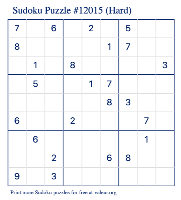 Free Printable Hard Sudoku Puzzle number 12015