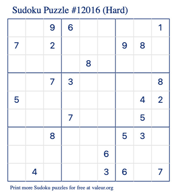 Free Printable Hard Sudoku Puzzle number 12016