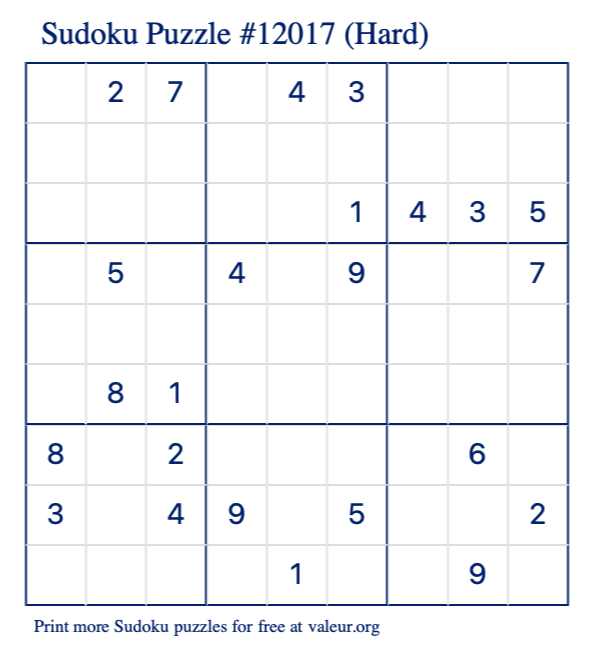 Free Printable Hard Sudoku Puzzle number 12017