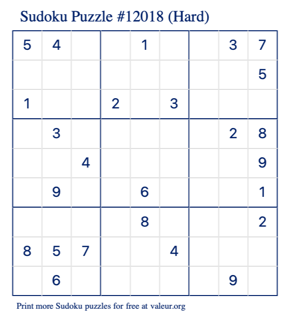 Free Printable Hard Sudoku Puzzle number 12018