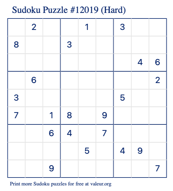 Free Printable Hard Sudoku Puzzle number 12019