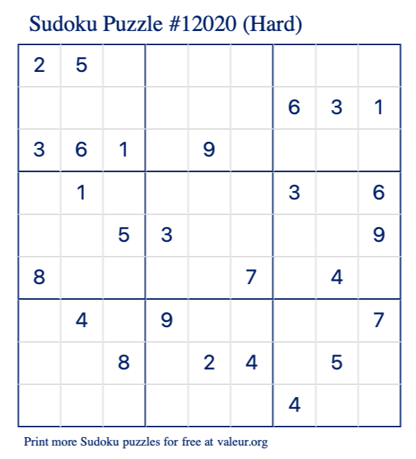 Free Printable Hard Sudoku Puzzle number 12020