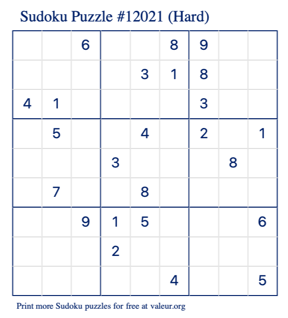 Free Printable Hard Sudoku Puzzle number 12021