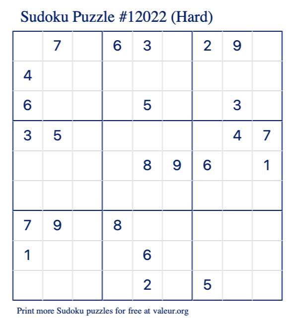 Free Printable Hard Sudoku Puzzle number 12022